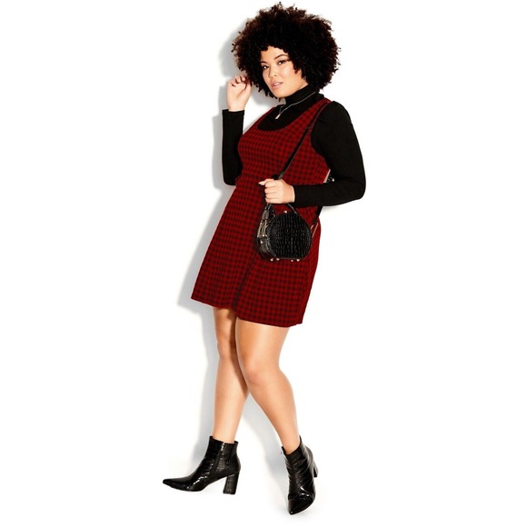 City Chic Pinafore Dress Plaid Checks Pini Gingham Red Black Buckle Plus Size 22 - Picture 10 of 11